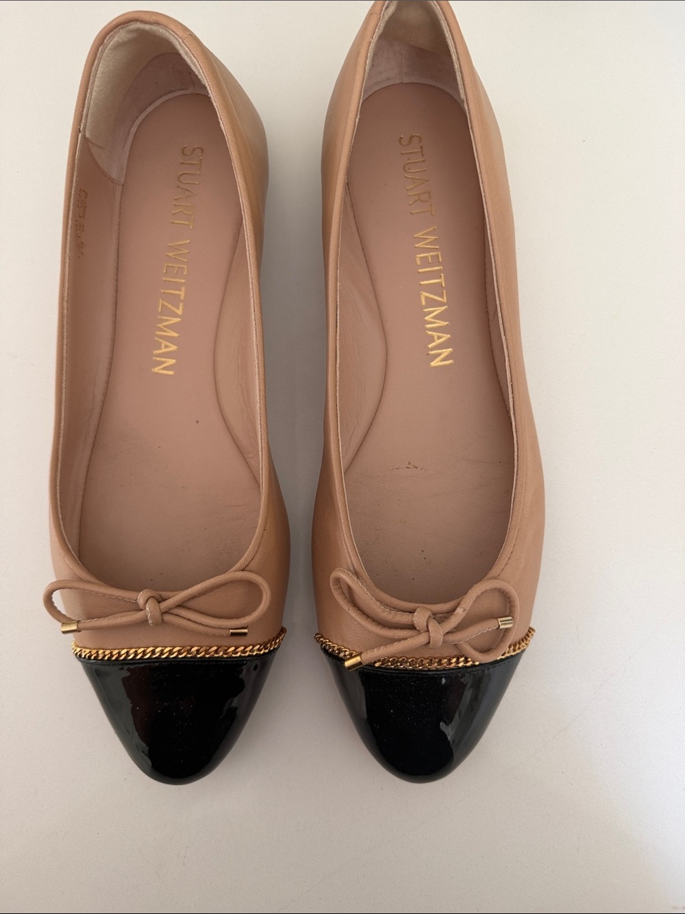 Stuart Weitzman Nude and Black Chain-Trim Ballet Flats